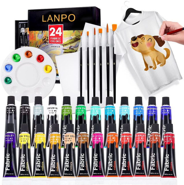 12 24 Colors Fabric Paint Set for Clothes with 6 Brushes, 1 Palette,Permanent  Textile Puffy